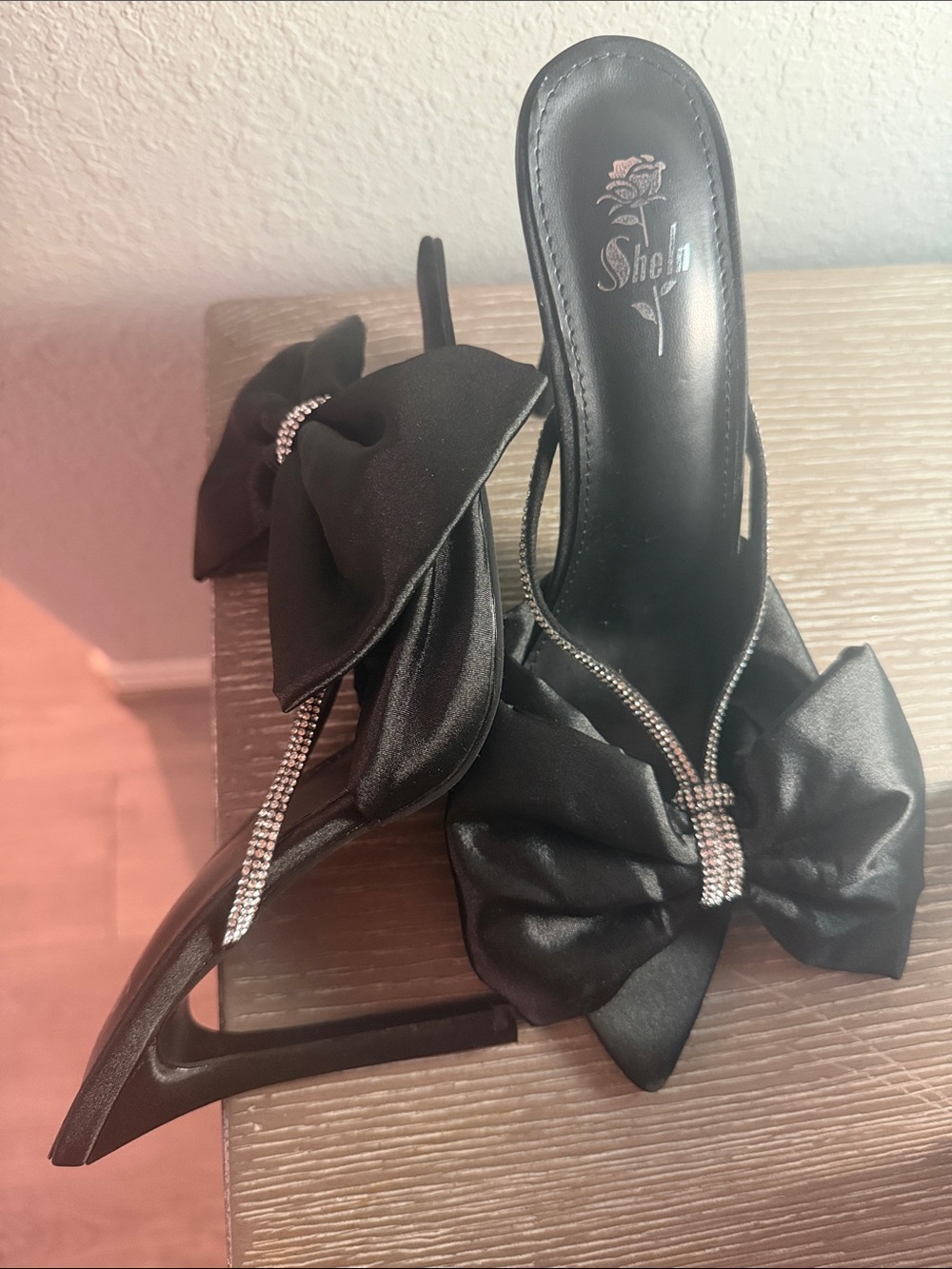 SHEIN Black Satin Bow Rhinestone Slide Heels